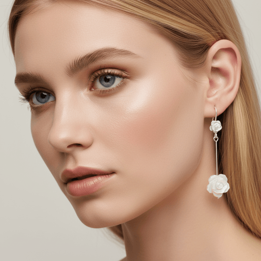 Blonde model wearing rose carved shell earrings