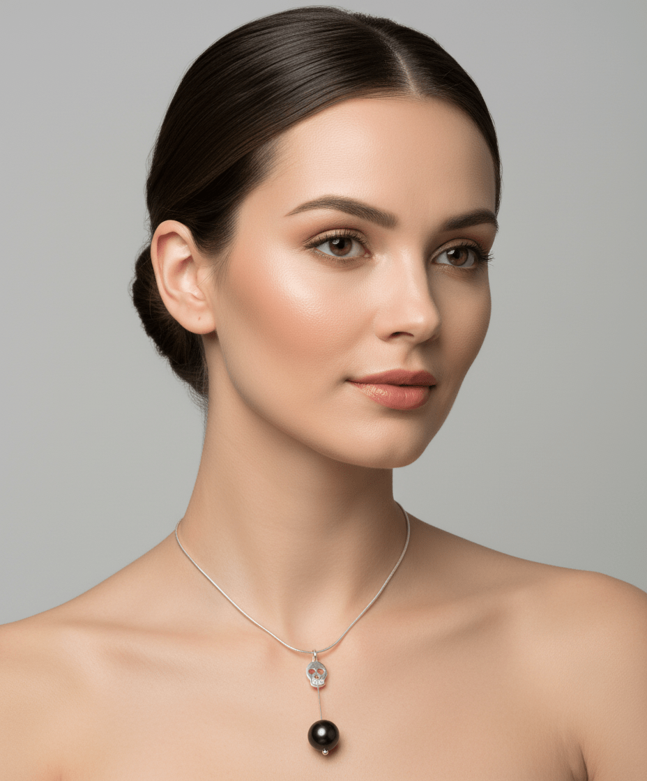 Sterling silver skull and black pearl vertical pendant necklace on model