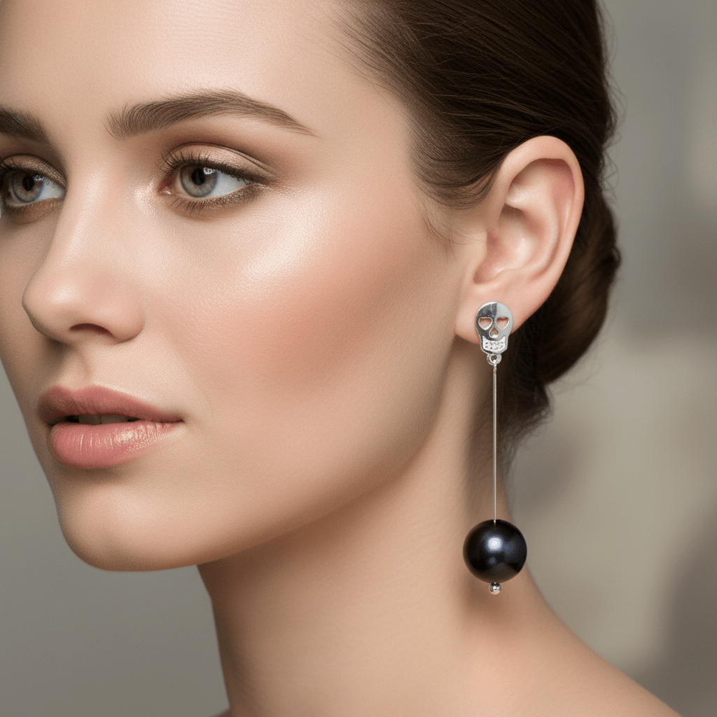 Close-up of model wearing skull pearl drop earrings