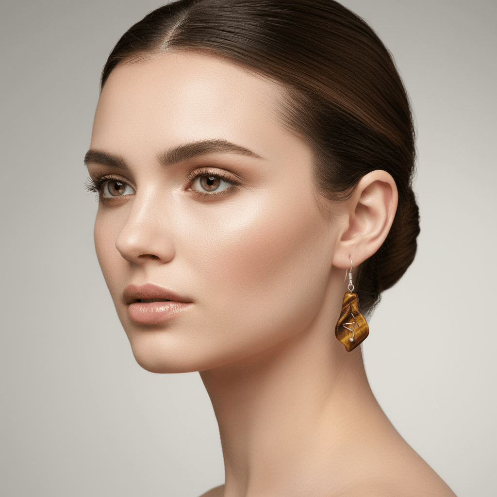 Luxury model wearing tiger's eye calla lily earrings