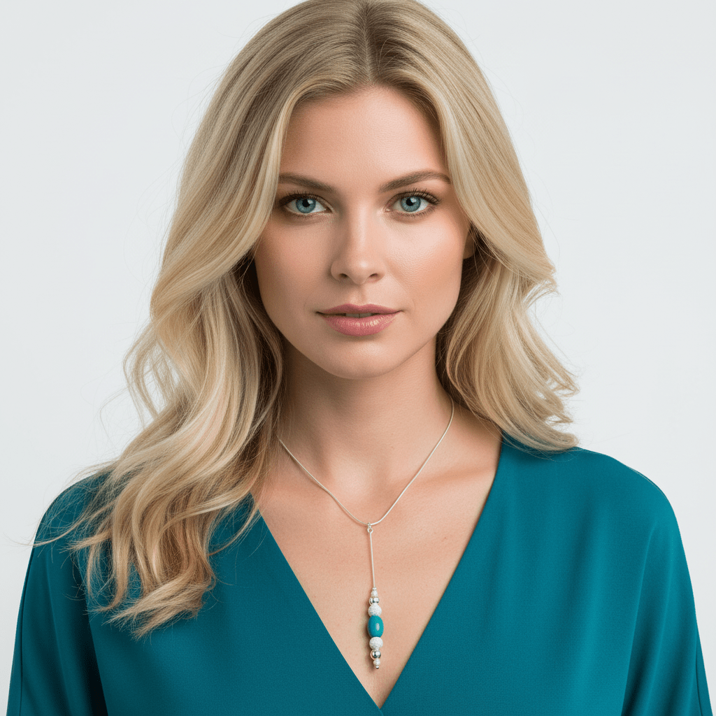 Editorial blonde model wearing turquoise necklace