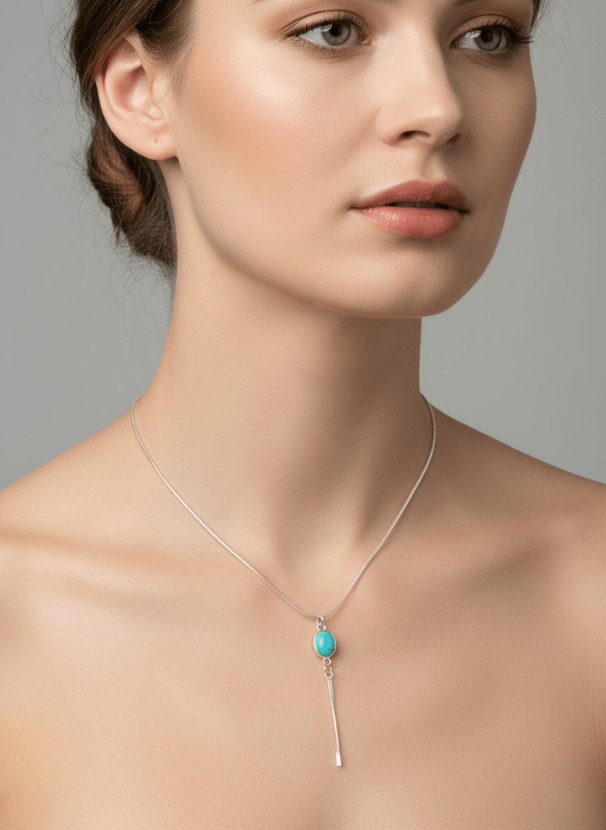 Model wearing turquoise tassel necklace