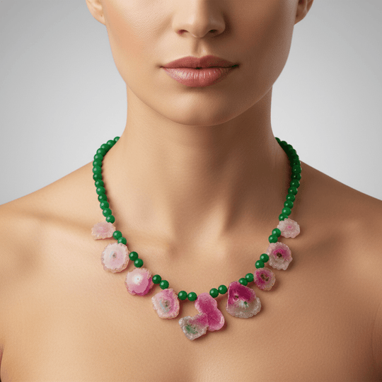 Close-up of model wearing Watermelon Solar Quartz Statement Necklace