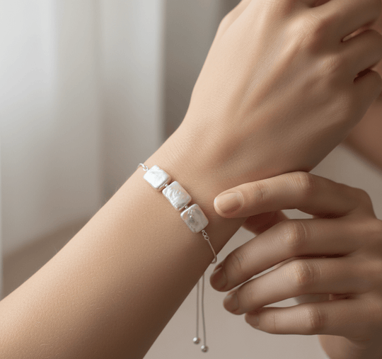 Freshwater baroque pearl sterling silver bracelet on model - accurate proportions