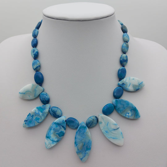 Blue Crazy Lace Agate statement necklace D showing its individual gemstone colours and patterns