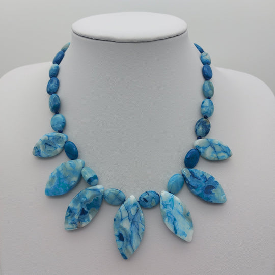 Blue Crazy Lace Agate statement necklace A showing its individual gemstone colours and patterns