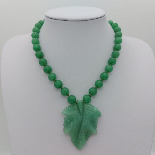 Green aventurine carved leaf adjustable necklace A showing the actual natural gemstone necklace available