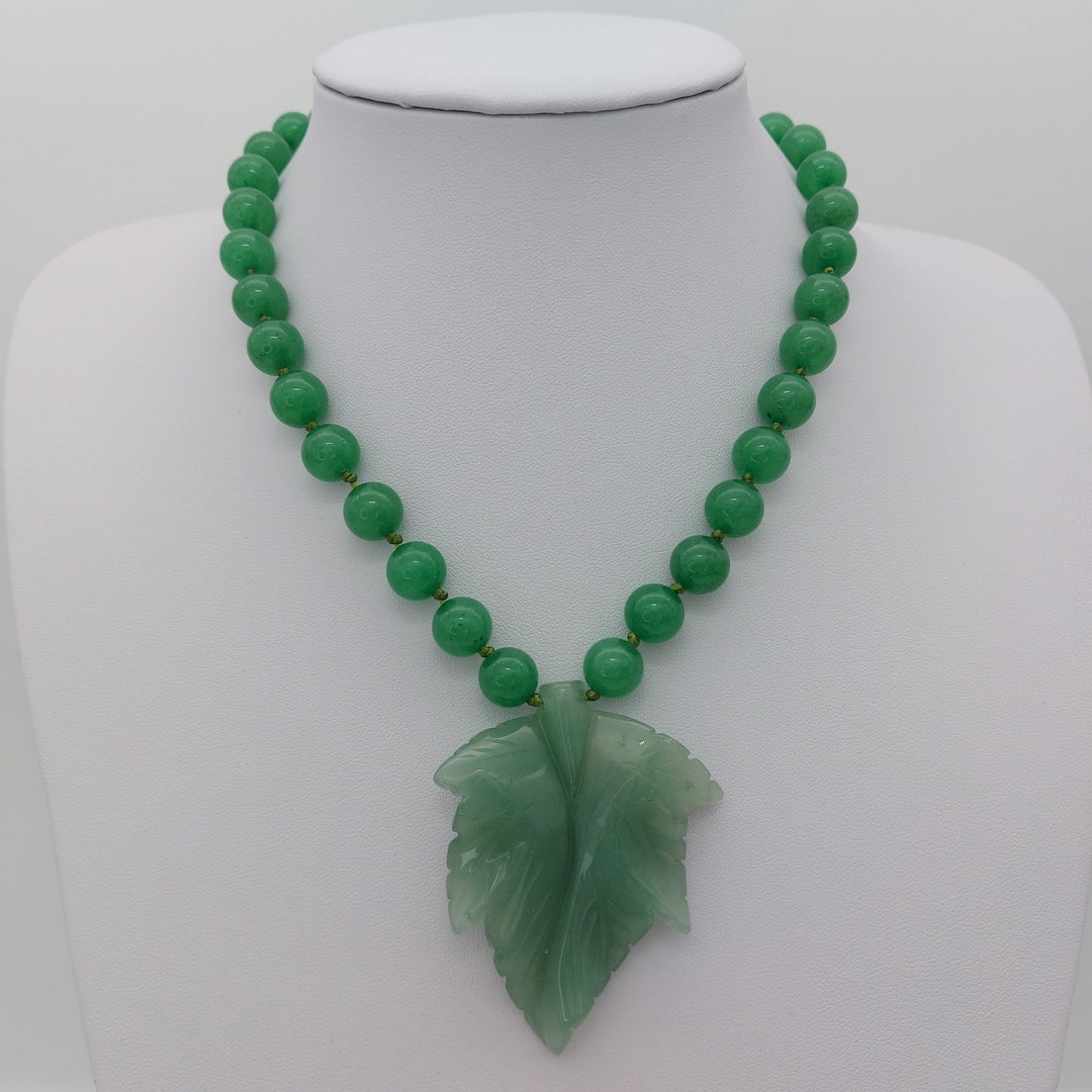 Green aventurine carved leaf adjustable necklace B showing the actual natural gemstone necklace available