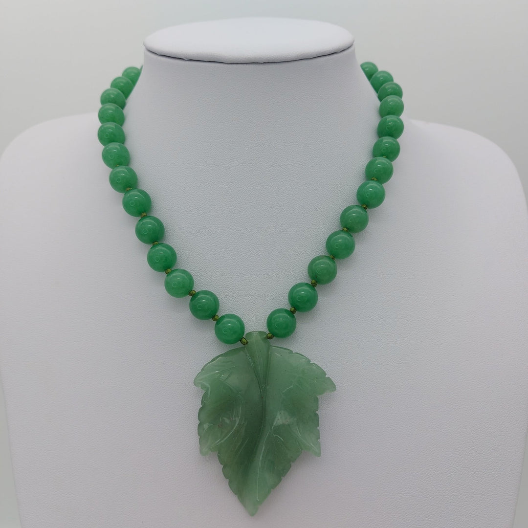 Green aventurine carved leaf adjustable necklace C showing the actual natural gemstone necklace available