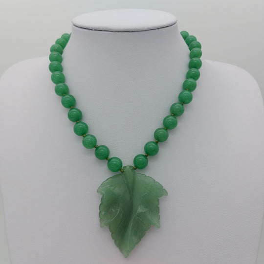 Green aventurine carved leaf adjustable necklace C showing the actual natural gemstone necklace available