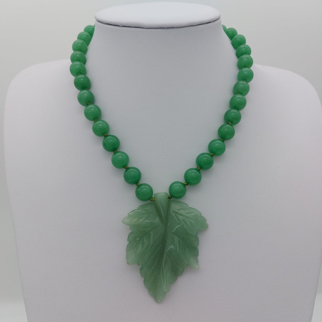 Green aventurine carved leaf adjustable necklace D showing the actual natural gemstone necklace available