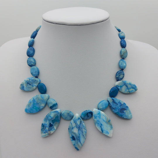 Handmade Blue Crazy Lace Agate necklace with seven graduating marquise gemstone drops