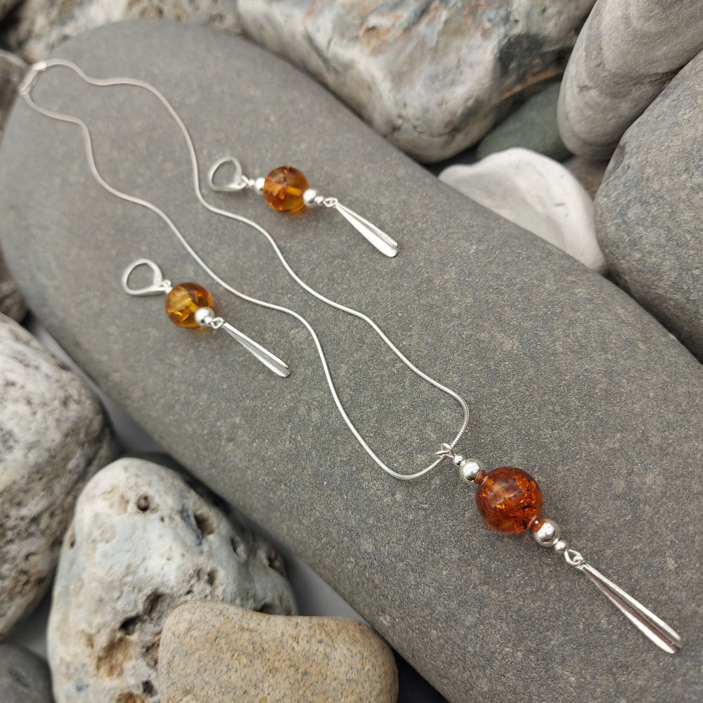 Baltic Amber & sterling silver tassel necklace & earrings set