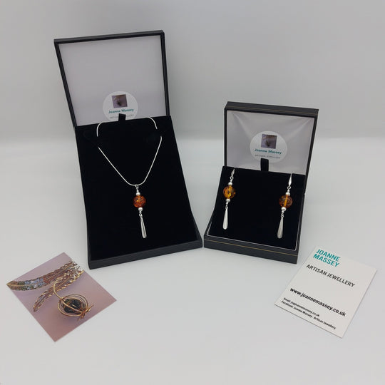 Baltic Amber & sterling silver tassel necklace & earrings set