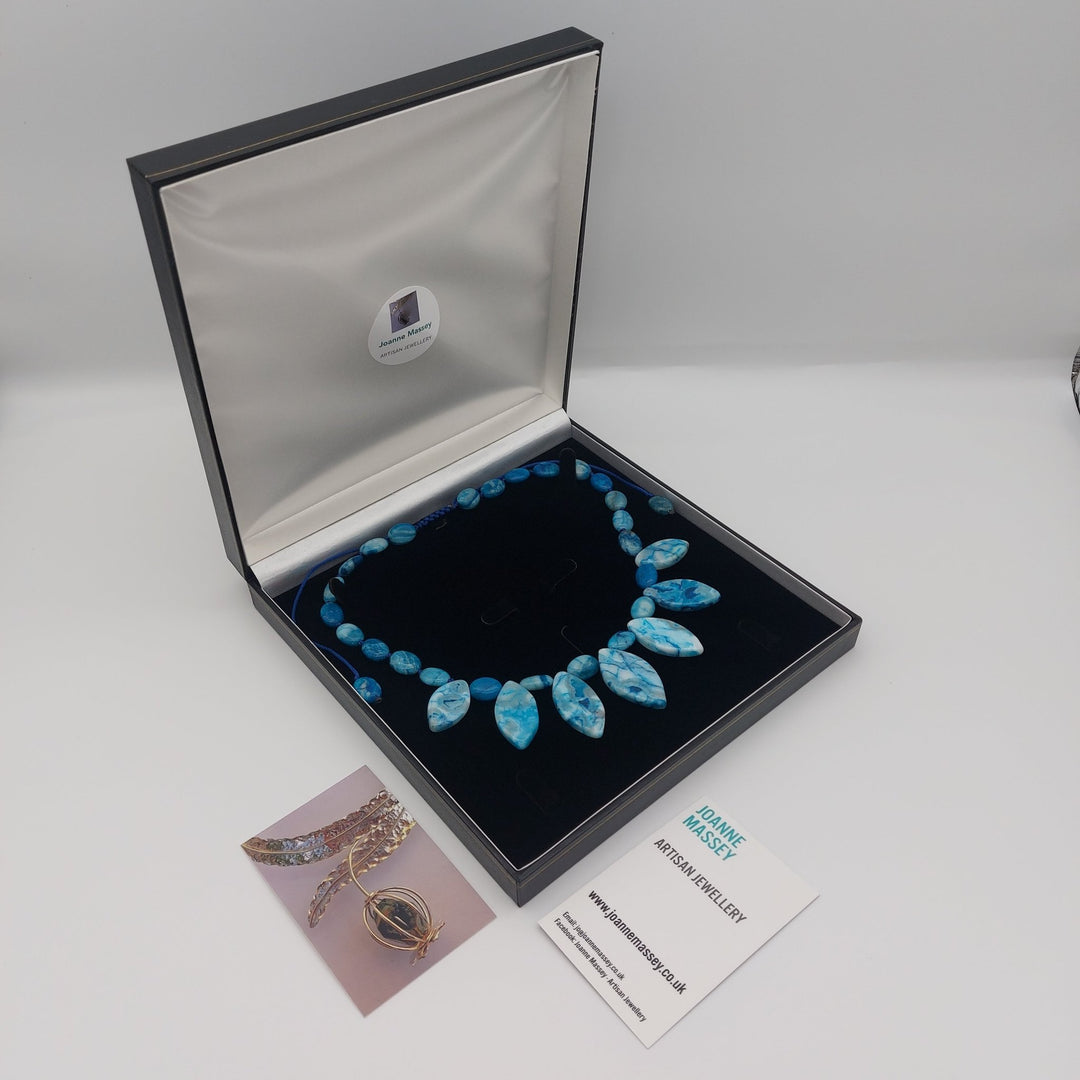 Handmade Blue Crazy Lace Agate necklace presented in gift box with Joanne Massey branding