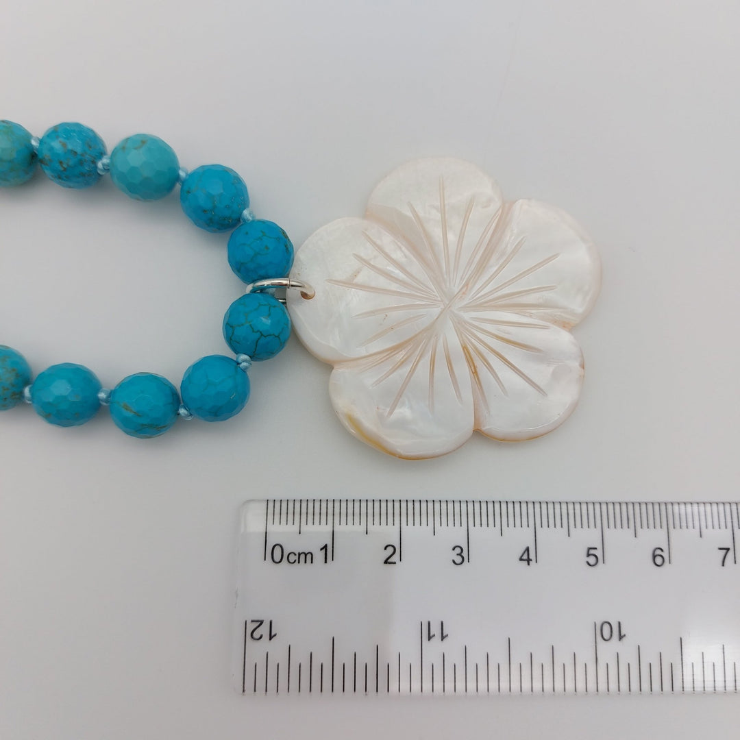 Blue Magnesite &amp; Mother of Pearl Carved Flower Necklace | Hand-Knotted | December Birthstone