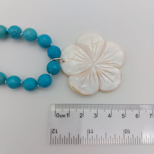 Blue Magnesite &amp; Mother of Pearl Carved Flower Necklace | Hand-Knotted | December Birthstone