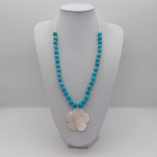 Blue Magnesite &amp; Mother of Pearl Carved Flower Necklace | Hand-Knotted | December Birthstone