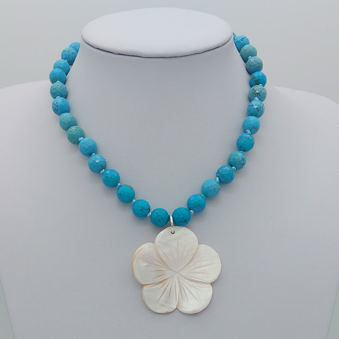 Blue Magnesite &amp; Mother of Pearl Carved Flower Necklace | Hand-Knotted | December Birthstone