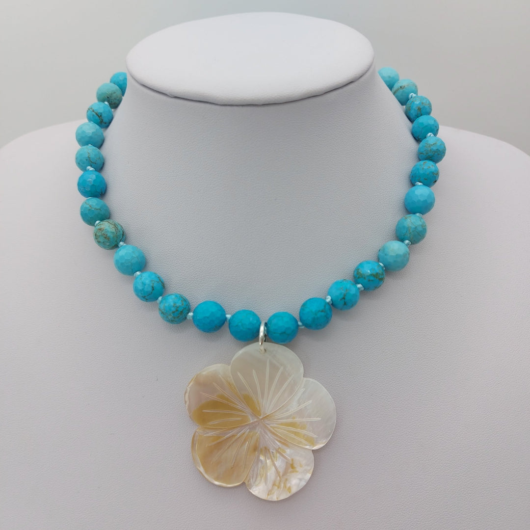 Blue Magnesite &amp; Mother of Pearl Carved Flower Necklace | Hand-Knotted | December Birthstone