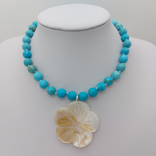 Blue Magnesite &amp; Mother of Pearl Carved Flower Necklace | Hand-Knotted | December Birthstone