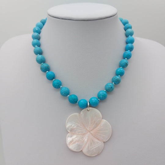 Blue Magnesite &amp; Mother of Pearl Carved Flower Necklace | Hand-Knotted | December Birthstone