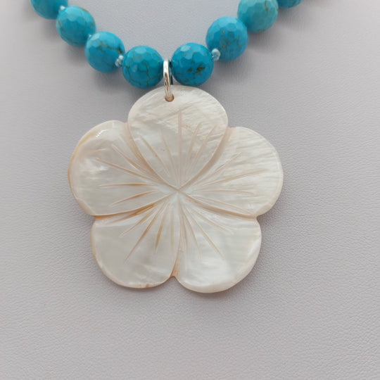 Blue Magnesite &amp; Mother of Pearl Carved Flower Necklace | Hand-Knotted | December Birthstone