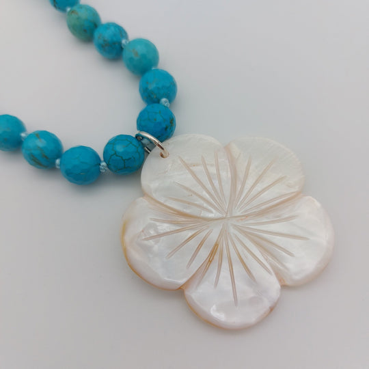Blue Magnesite &amp; Mother of Pearl Carved Flower Necklace | Hand-Knotted | December Birthstone