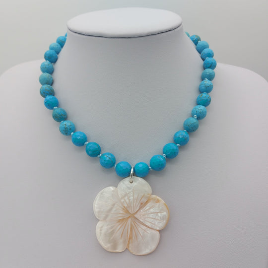 Blue Magnesite &amp; Mother of Pearl Carved Flower Necklace | Hand-Knotted | December Birthstone