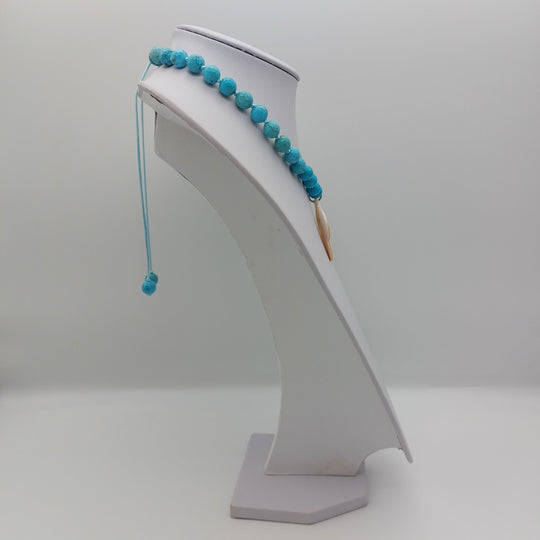 Blue Magnesite &amp; Mother of Pearl Carved Flower Necklace | Hand-Knotted | December Birthstone