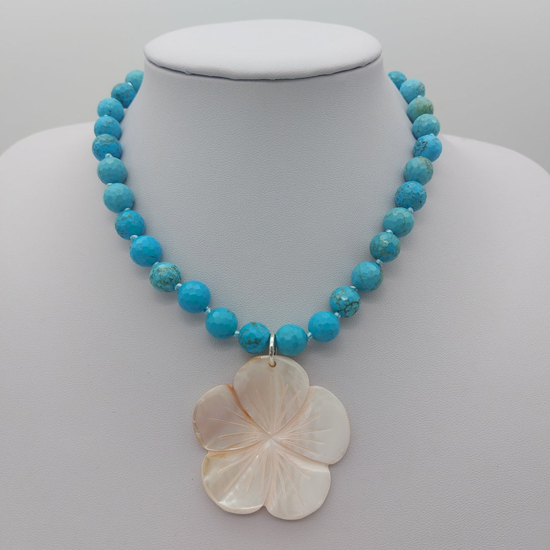 Blue Magnesite &amp; Mother of Pearl Carved Flower Necklace | Hand-Knotted | December Birthstone