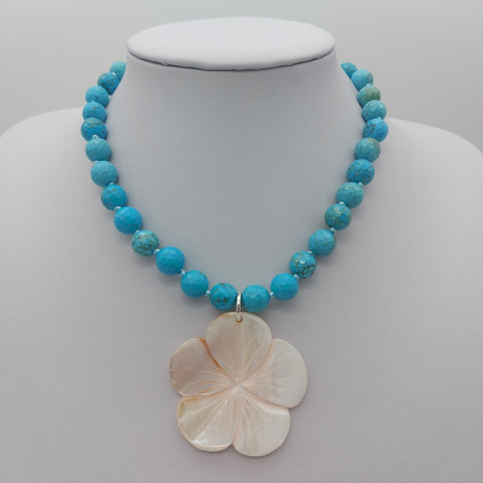 Blue Magnesite &amp; Mother of Pearl Carved Flower Necklace | Hand-Knotted | December Birthstone