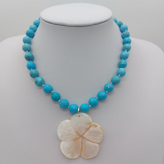 Blue Magnesite &amp; Mother of Pearl Carved Flower Necklace | Hand-Knotted | December Birthstone