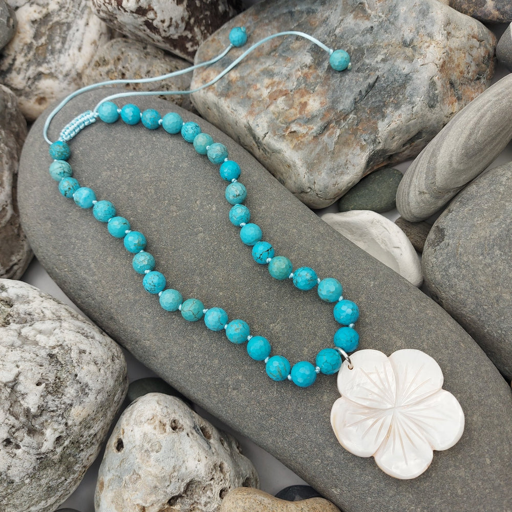 Blue Magnesite & Mother of Pearl Carved Flower Necklace | Hand-Knotted | December Birthstone