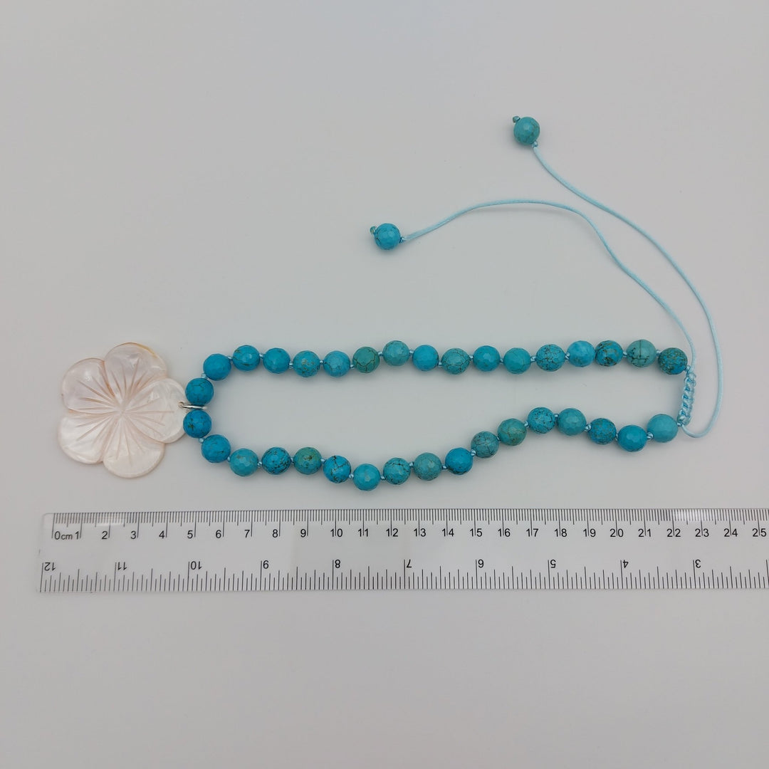 Blue Magnesite &amp; Mother of Pearl Carved Flower Necklace | Hand-Knotted | December Birthstone