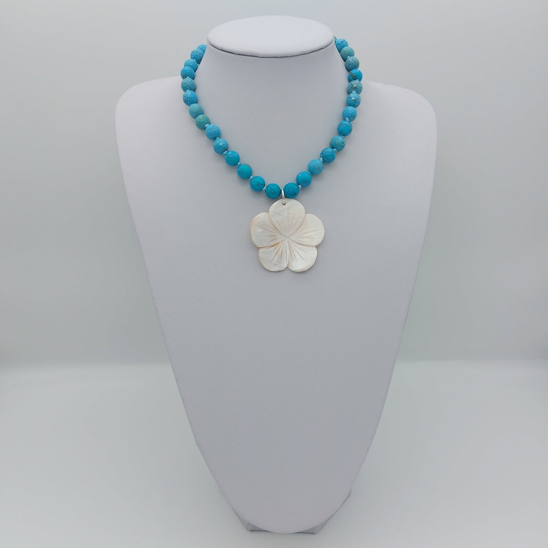 Blue Magnesite &amp; Mother of Pearl Carved Flower Necklace | Hand-Knotted | December Birthstone