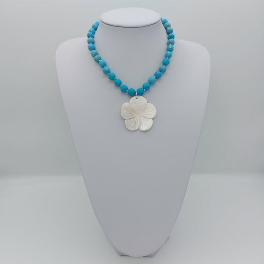 Blue Magnesite &amp; Mother of Pearl Carved Flower Necklace | Hand-Knotted | December Birthstone