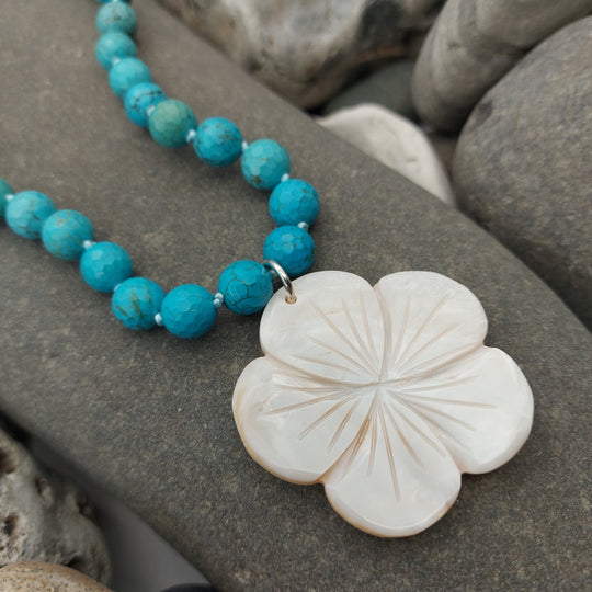 Blue Magnesite &amp; Mother of Pearl Carved Flower Necklace | Hand-Knotted | December Birthstone