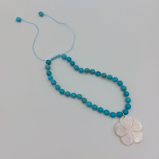 Blue Magnesite &amp; Mother of Pearl Carved Flower Necklace | Hand-Knotted | December Birthstone