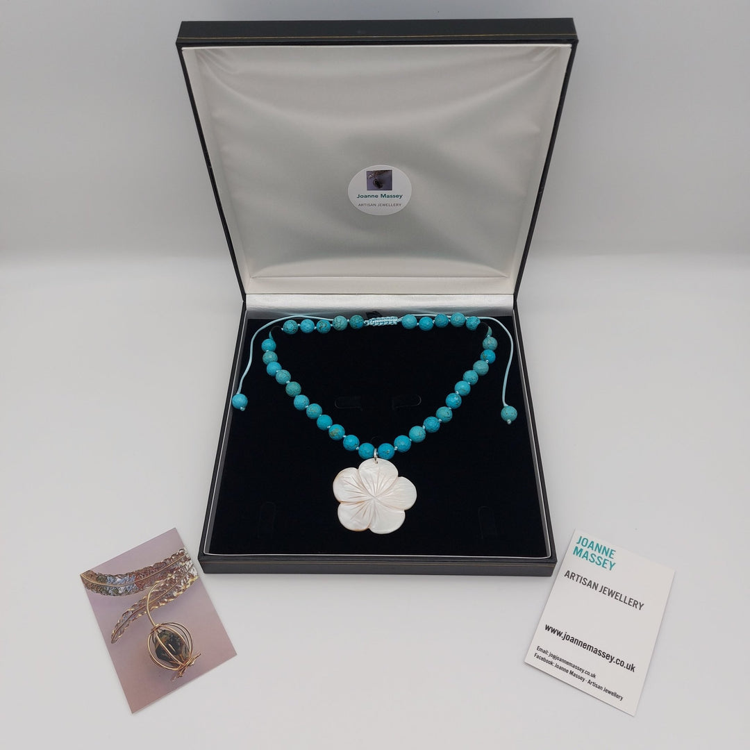 Blue Magnesite &amp; Mother of Pearl Carved Flower Necklace | Hand-Knotted | December Birthstone