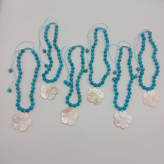 Blue Magnesite &amp; Mother of Pearl Carved Flower Necklace | Hand-Knotted | December Birthstone