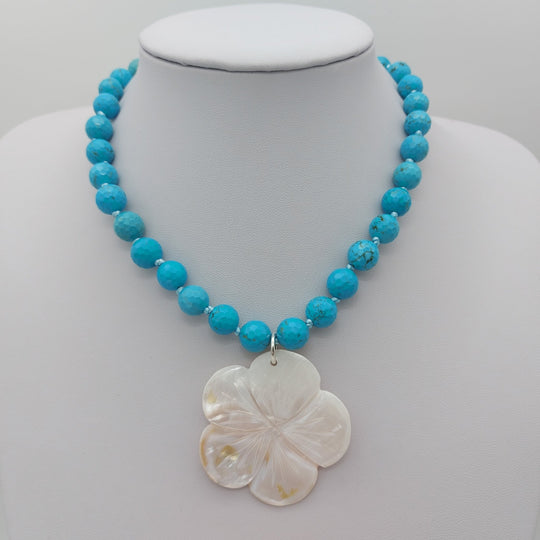 Blue Magnesite &amp; Mother of Pearl Carved Flower Necklace | Hand-Knotted | December Birthstone