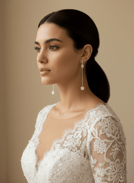 925 Sterling Silver Rose Carved White Shell Earrings wedding dress lifestyle photo