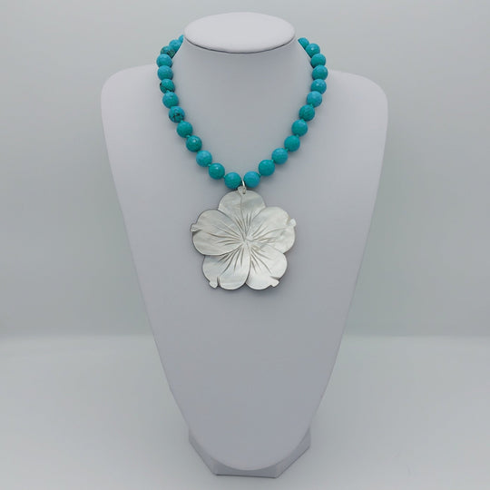 Carved Mother of Pearl Flower &amp; Blue-Green Magnesite Statement Necklace | Adjustable | Handmade