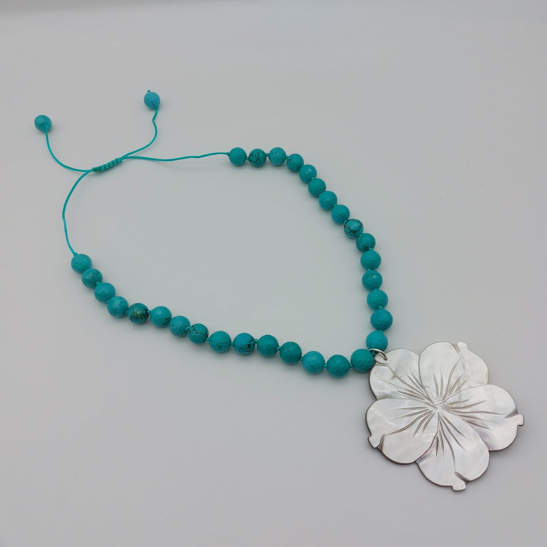 Carved Mother of Pearl Flower &amp; Blue-Green Magnesite Statement Necklace | Adjustable | Handmade
