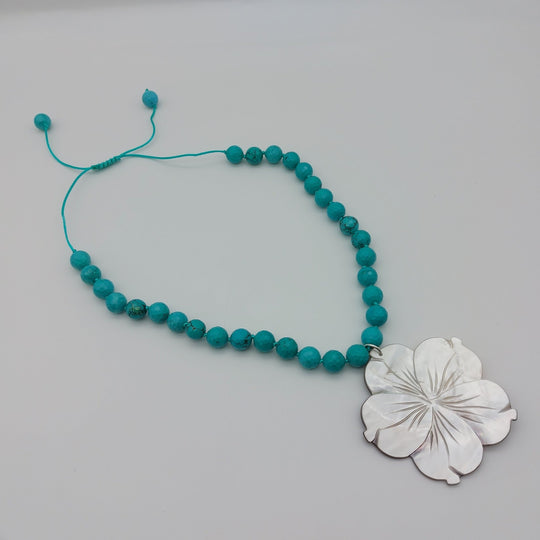Carved Mother of Pearl Flower &amp; Blue-Green Magnesite Statement Necklace | Adjustable | Handmade