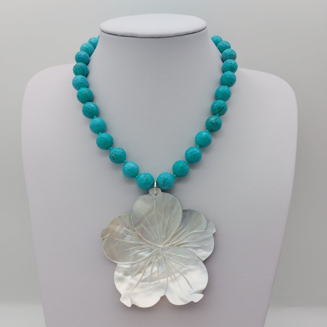 Carved Mother of Pearl Flower &amp; Blue-Green Magnesite Statement Necklace | Adjustable | Handmade