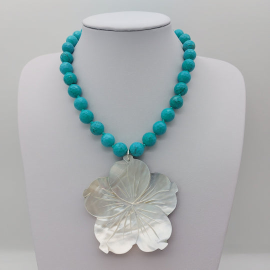 Carved Mother of Pearl Flower &amp; Blue-Green Magnesite Statement Necklace | Adjustable | Handmade