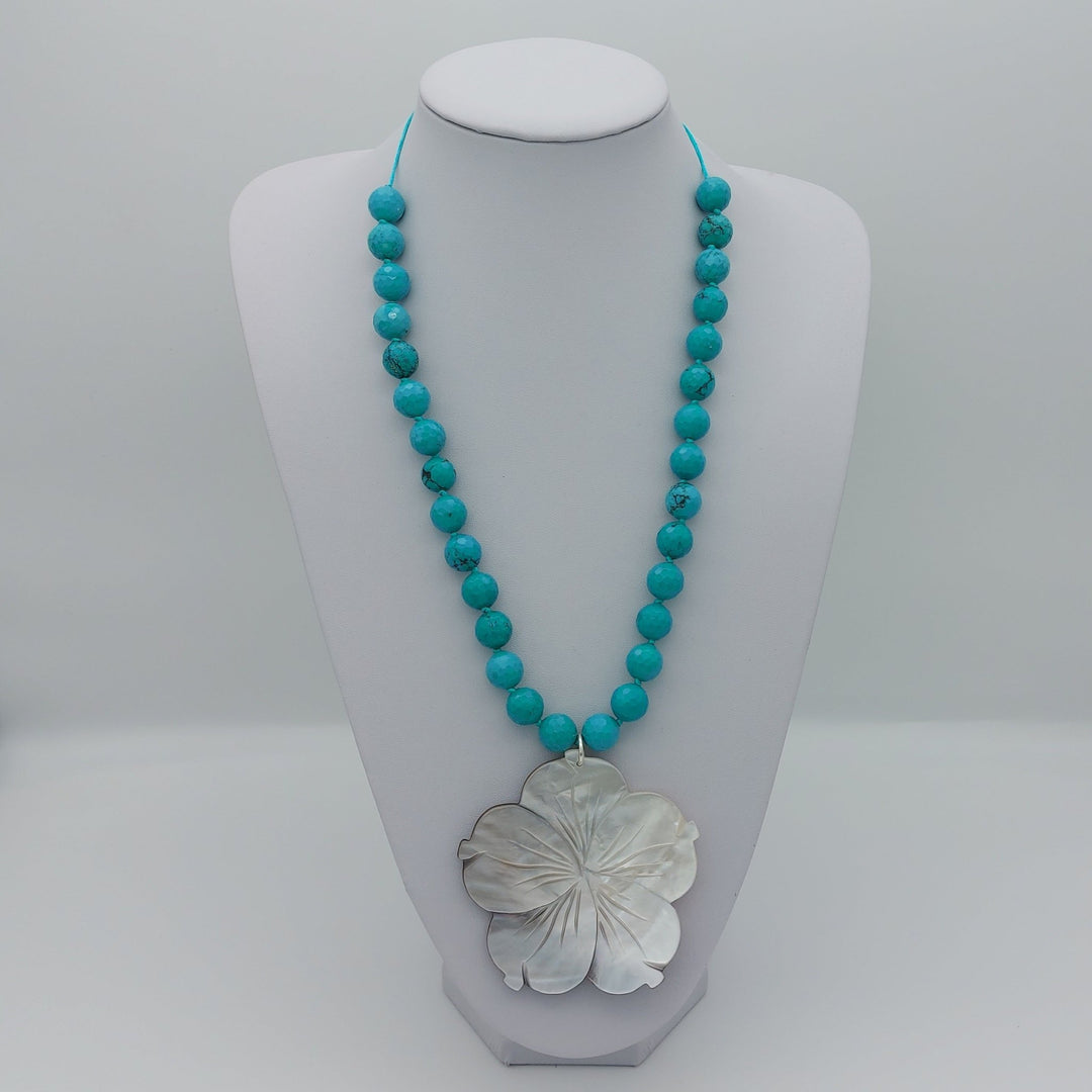 Carved Mother of Pearl Flower &amp; Blue-Green Magnesite Statement Necklace | Adjustable | Handmade