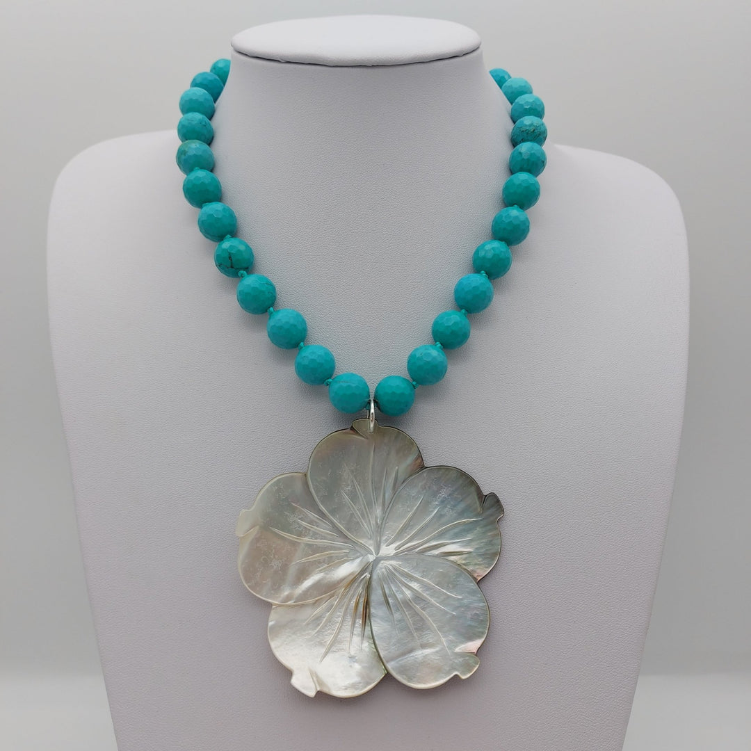 Carved Mother of Pearl Flower &amp; Blue-Green Magnesite Statement Necklace | Adjustable | Handmade